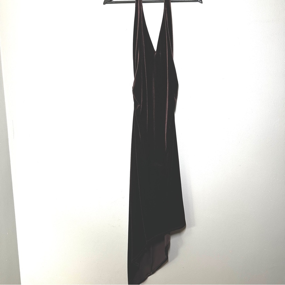 NWT David Meister Dark Brown Velvet Asymmetrical Halter Formal Cocktail Dress